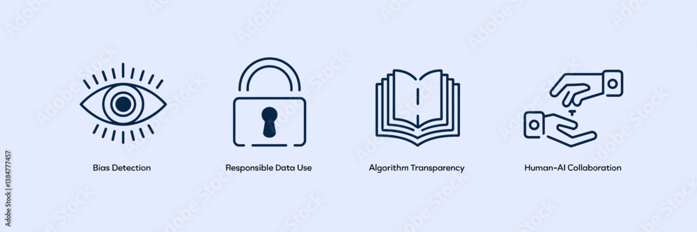 Aufkleber ethical ai icon collection with bias detection, secure data, transparency, and teamwork