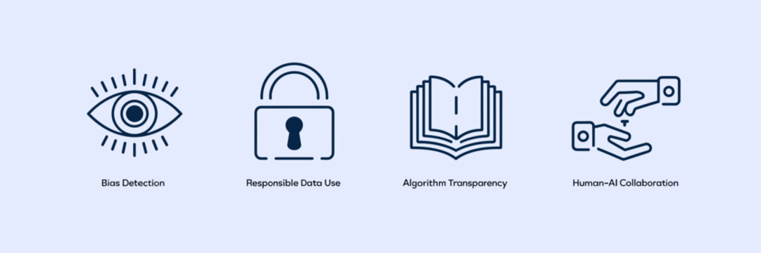 Ethical AI icon collection with bias detection, secure data, transparency, and teamwork