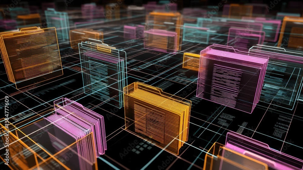 Poster abstract network grid with files and folders, futuristic software interface, digital document manage