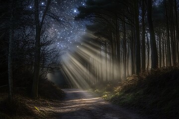 Obraz premium A quiet woodland path under a starry sky, moonbeams filtering through the trees.