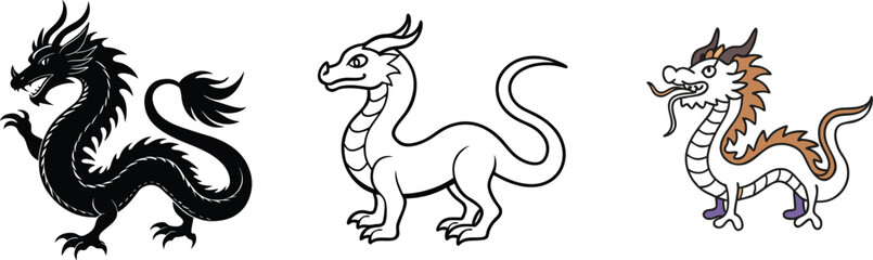 Three Dragon Designs Black, White, and Brown Mythical Creatures