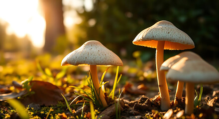 Nature of mushrooms in garden using as cover page background, created by generative ai