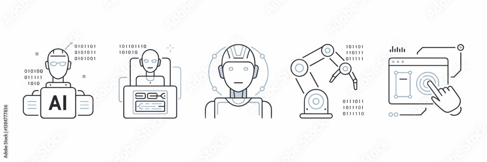 Poster futuristic tech icon set with ai, robotics, and human-machine interaction.