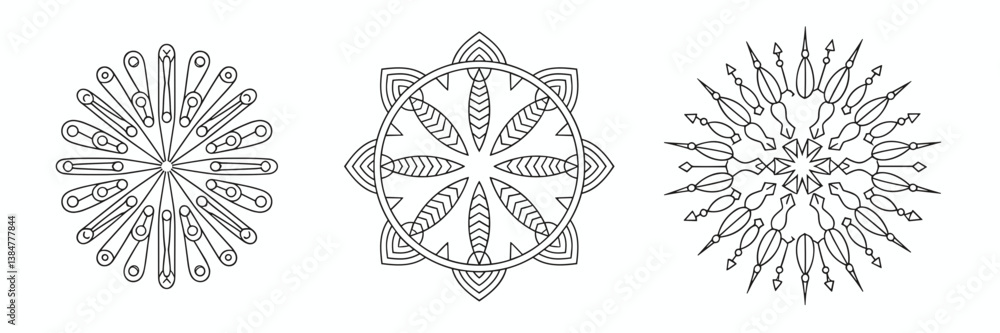 Poster set of five intricate black and white vector mandala patterns with symmetrical designs