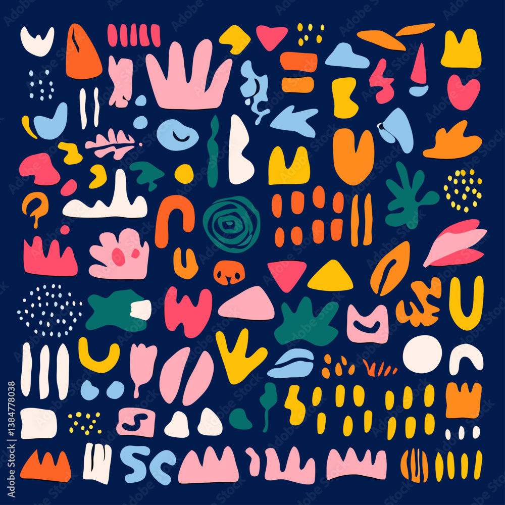 Poster playful abstract shapes: a vibrant array of colorful, hand-drawn shapes and patterns dance across th