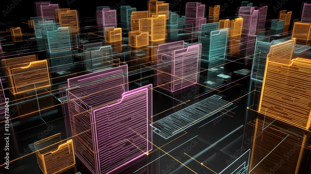 Poster abstract network grid with files and folders, futuristic software interface, digital document manage