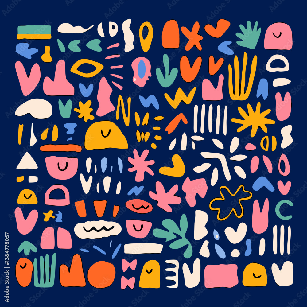 Poster abstract composition of shapes and forms: a vibrant and playful collection of colorful shapes and fo