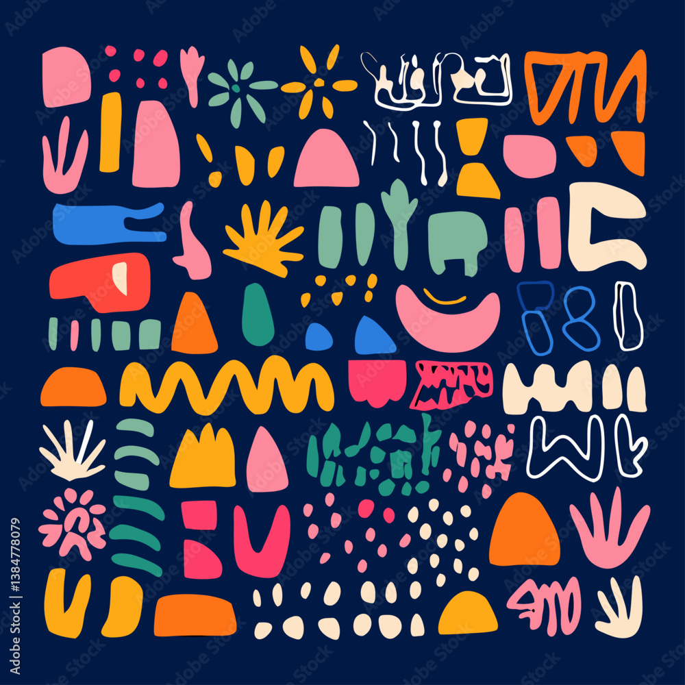 Poster abstract art composition: a vibrant and engaging composition of diverse shapes and forms in a sympho