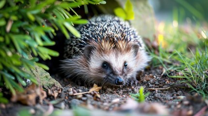 A hedgehog resting under a bush in a garden. stock photo --ar 16:9 --style raw --v 6 Job ID: 84aff70f-cda5-4ce1-bc8d-ff6ab1e99109