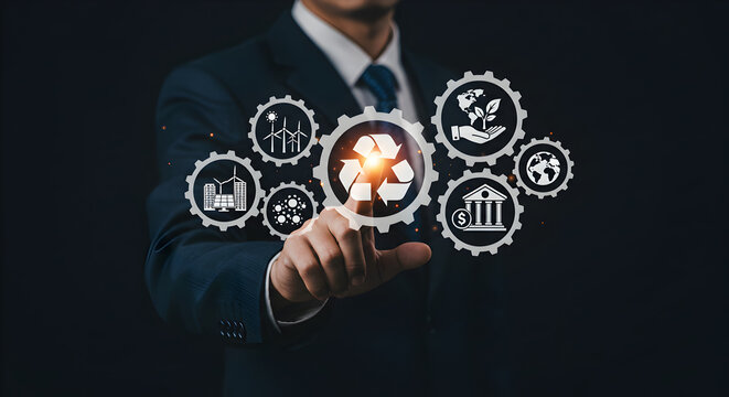 Man in Suit Touching Digital Recycling Icon in Virtual Gear System on Dark Background - Powered by Adobe