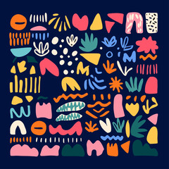 Abstract Shapes Composition: A vibrant arrangement of diverse, hand-drawn shapes and forms in a colorful, contemporary, and creative visual expression