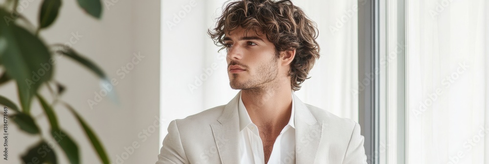 Poster professional working in a minimalistic office with stylish notebook and natural lighting