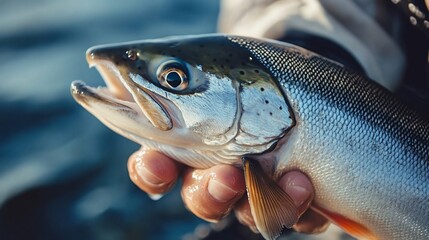 Fisherman holding trout by river, sunset