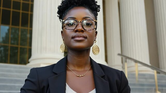 A powerful image of a Black woman standing on the steps of a courthouse, advocating for change.