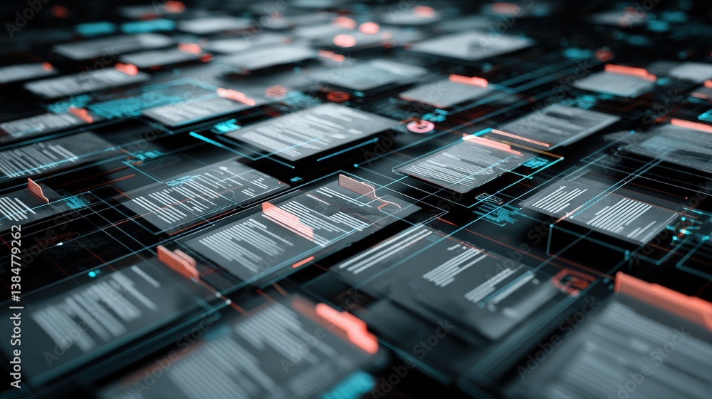 Poster abstract network grid with files and folders, futuristic software interface, digital document manage