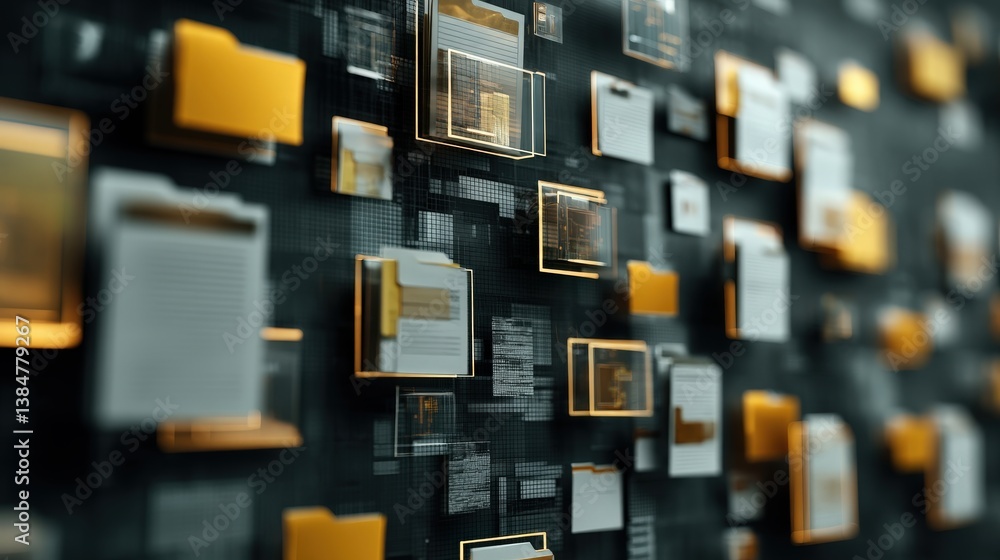 Poster abstract network grid with files and folders, futuristic software interface, digital document manage