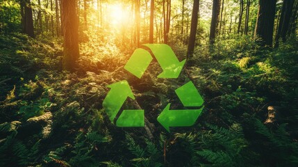 Green recycling symbol in triangular shape on a lush forest background, promoting eco-friendly sustainability.