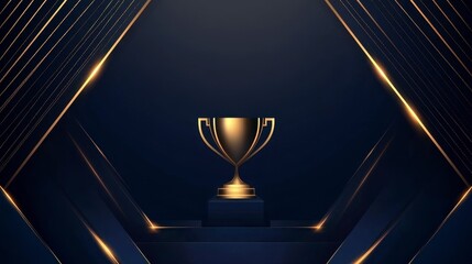 Golden Trophy Standing Elegantly with Abstract Dark Blue and Gold Background