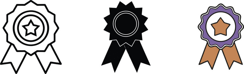 Award Icons Line Art, Solid, and Colored Star Ribbons