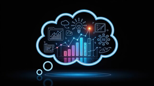 Data-Driven Insights: An illuminated thought bubble filled with data visualization elements against a dark background, suggesting innovation and analytical thinking.  - Powered by Adobe