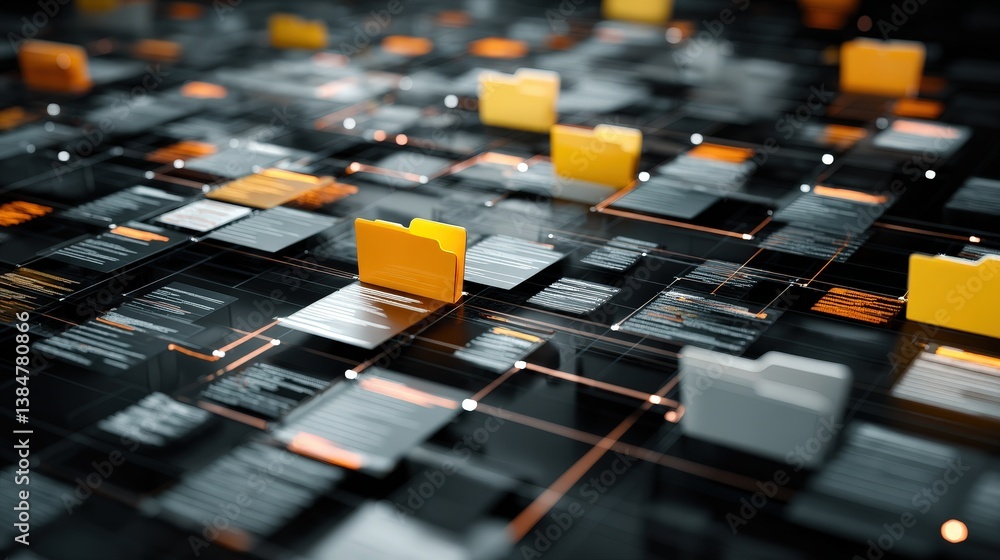 Poster abstract network grid with files and folders, futuristic software interface, digital document manage