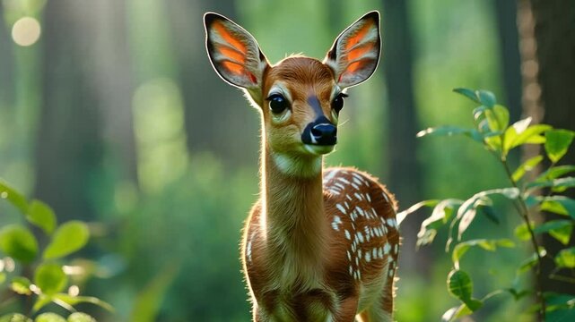 A shy fawn standing in a sun-dappled forest, its big eyes filled with wonder.