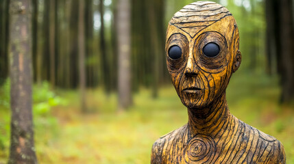 Wooden statue resembling an alien emerging in a forest