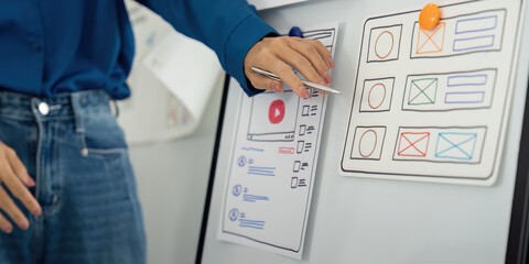 UX UI Planning and Review. A designer interacts with interface mockups in a structured design...