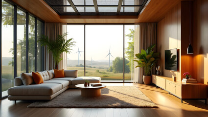 Fototapeta premium Futuristic Net-Zero Lounge: Solar-Powered Skylight, Wooden Interiors, and Scenic Wind Turbine Horizon