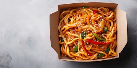 Wok noodles with vegetables and sesame seeds in take away box