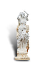 A broken dirty white statue of a woman isolated on white background. This has clipping path.