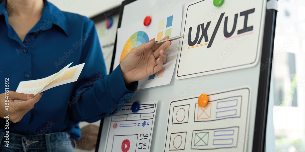 Aufkleber strategizing for ux ui success. a designer points out critical elements of a ux strategy board.