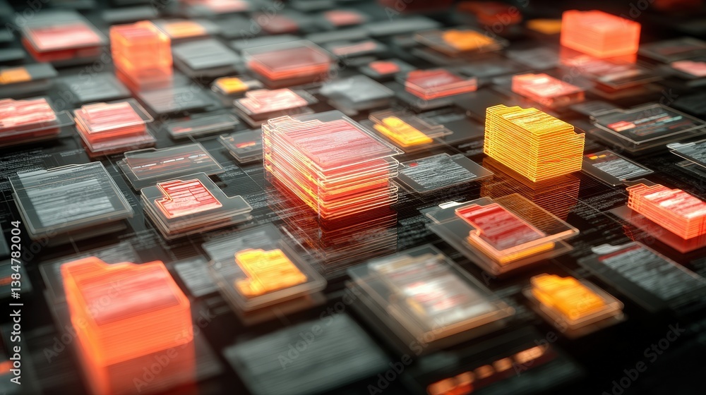 Poster abstract network grid with files and folders, futuristic software interface, digital document manage