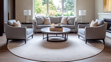 A living room set has a gray couch and two armchairs. All are arranged on a large, round, beige jute rug.

