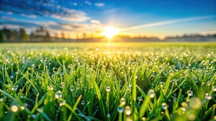 A Vibrant Meadow at Sunrise, Dew-Kissed Blades of Grass Glistening in the Golden Light