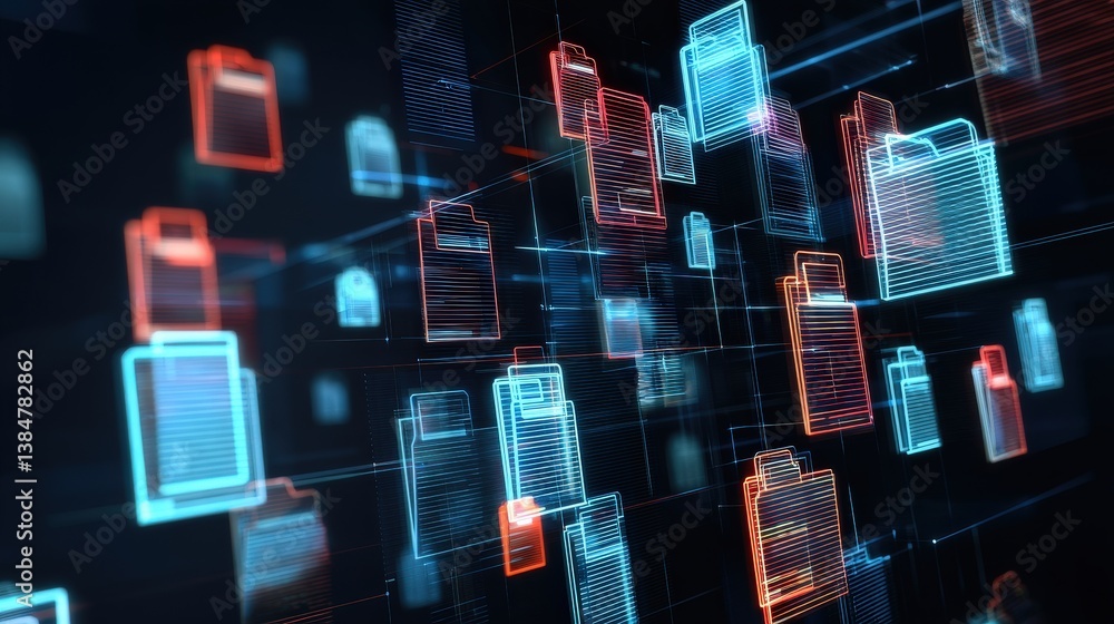 Poster abstract network grid with files and folders, futuristic software interface, digital document manage