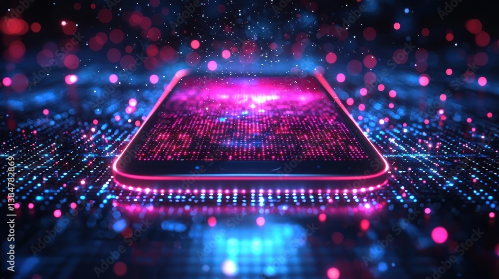 Poster advanced mobile technology with digital interface and neon light effects