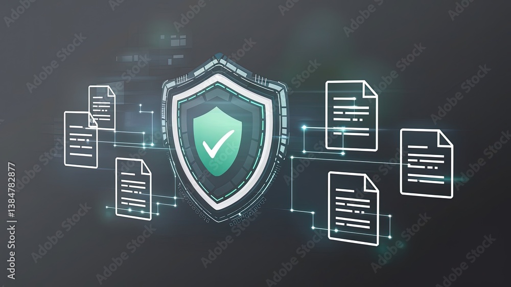 Poster cybersecurity shield: digital files protected by a glowing shield, symbolizing data security and pri