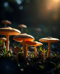 Fototapeta premium Nature of mushrooms in garden using as cover page background, created by generative ai