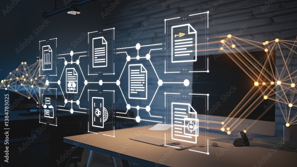 Poster data flow dynamics: digital documents and interconnected networks surge across a futuristic workspac