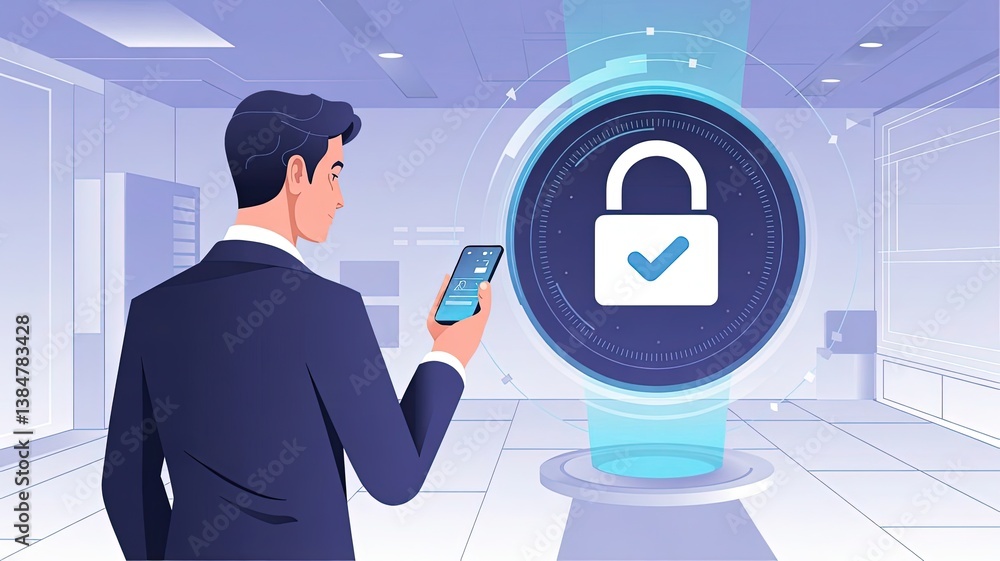 Poster digital security: a professional standing with a phone in hand, focused on a virtual padlock icon il
