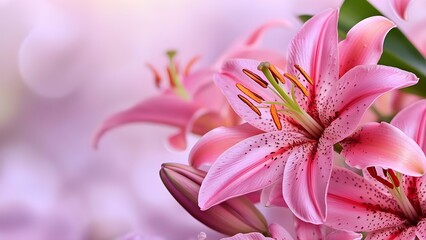 Fototapeta premium A vibrant arrangement of pink lilies with delicate petals and striking details, set against a soft, blurred background. Concept Vibrant Pink Lilies, Delicate Petals, Striking Floral Details