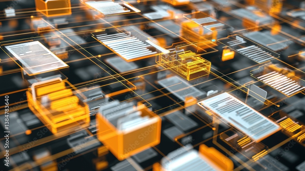 Poster abstract network grid with files and folders, futuristic software interface, digital document manage