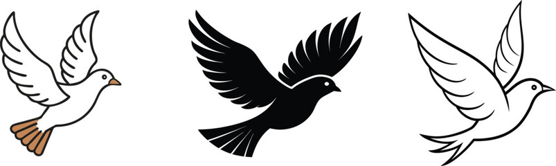 Three stylized doves white, black, line art peace symbols