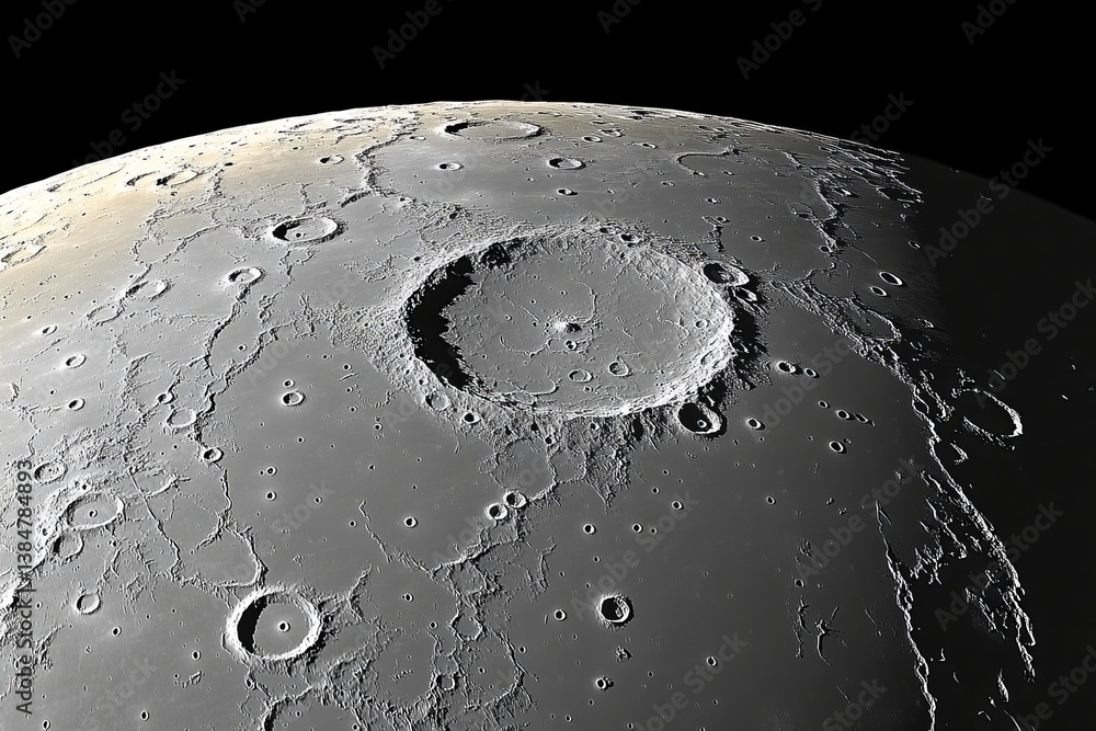 Poster a close up of a planet with a large crater in the middle. moon's surface with craters, isolated on a