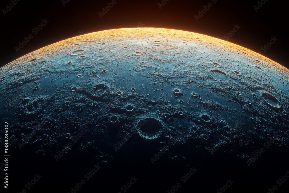 Poster a close up of a planet with a blue surface and a large number of craters. moon's surface with crater