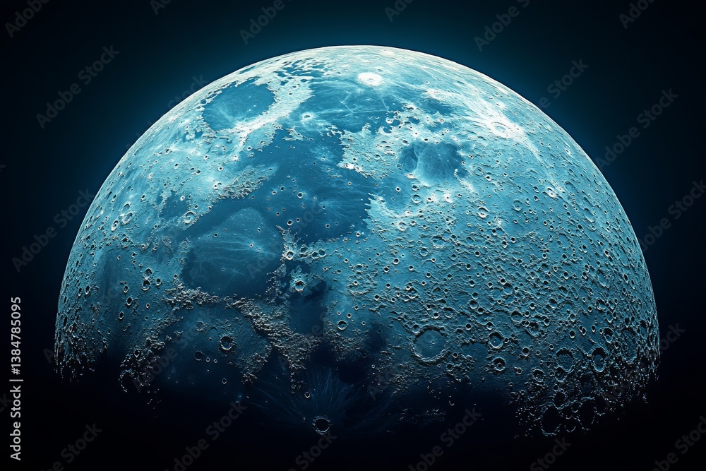 Wall mural a blue moon with a dark background. moon's surface with craters, isolated on a solid background.