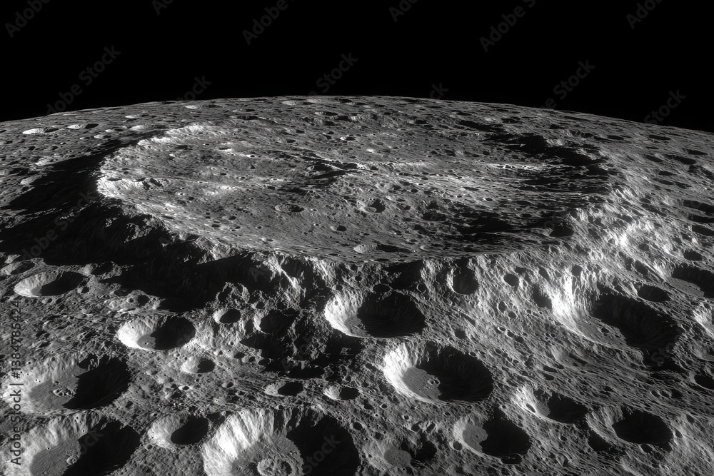 Poster a close up of a rocky surface with a large crater in the center. moon's surface with craters, isolat