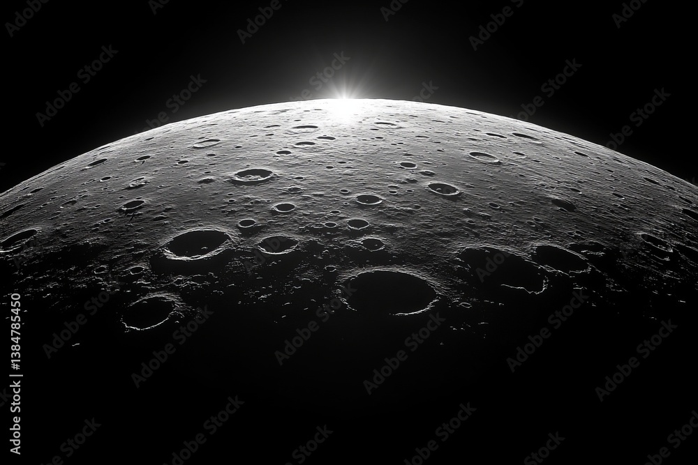 Poster a close up of a planet with a sun in the background. moon's surface with craters, isolated on a soli