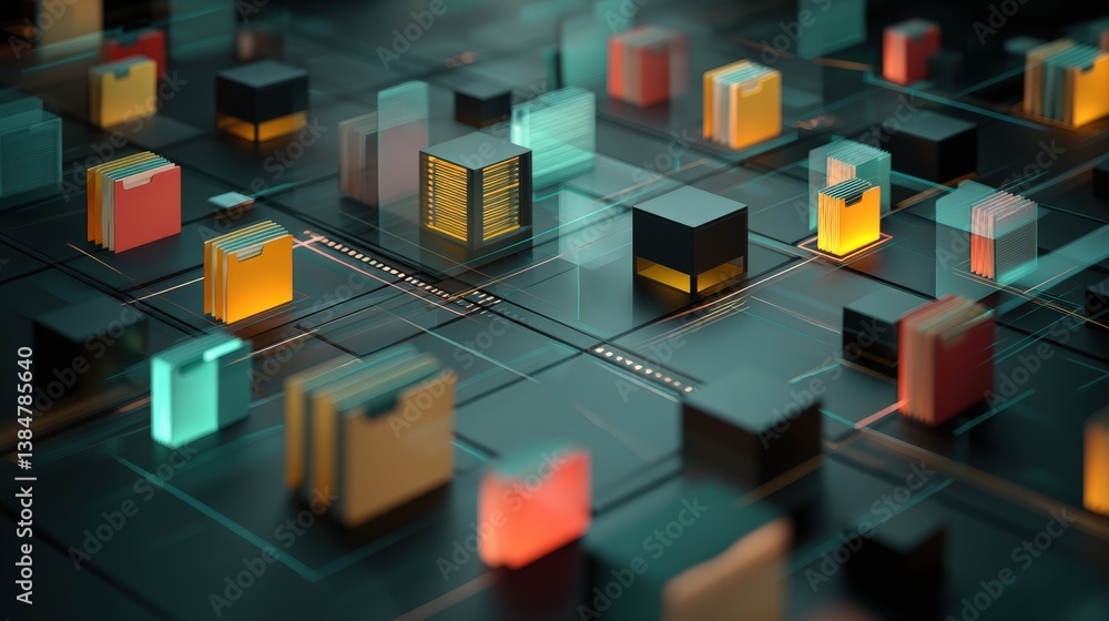 Poster abstract network grid with files and folders, futuristic software interface, digital document manage